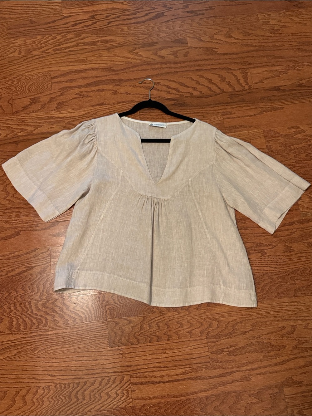 Women's Khaki Colored Split-Neck Linen-Blouse